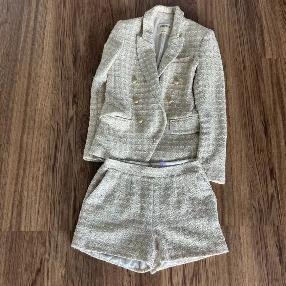 L'Agence Cream Tweed Blazer and Shorts Set - Picture 2 of 4